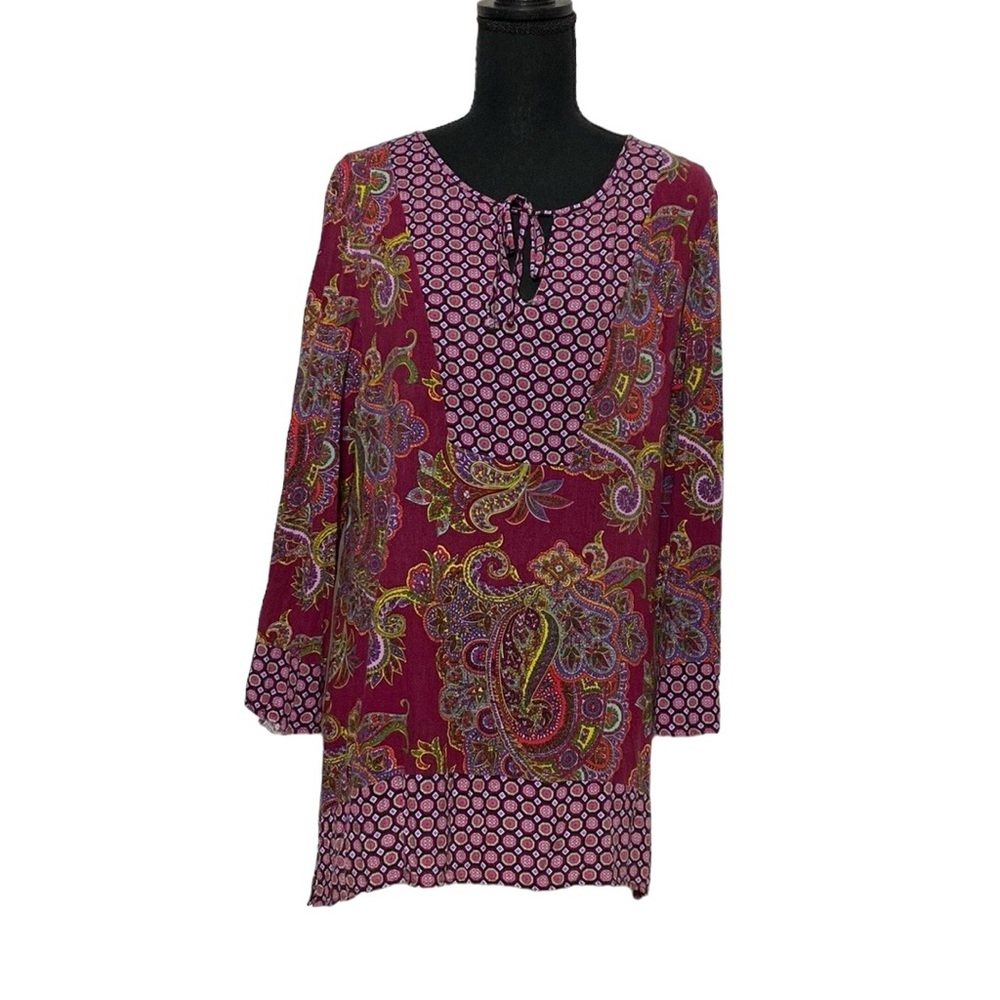 New Directions Boho V-Neck Retro Pattern Tunic L